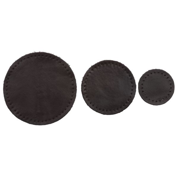 Набор заплаток пришивных из кожи, круг ⌀4см, 6см и 8см, с перфорацией, 3 шт, 100% кожа (03 темно-коричневый), 9401