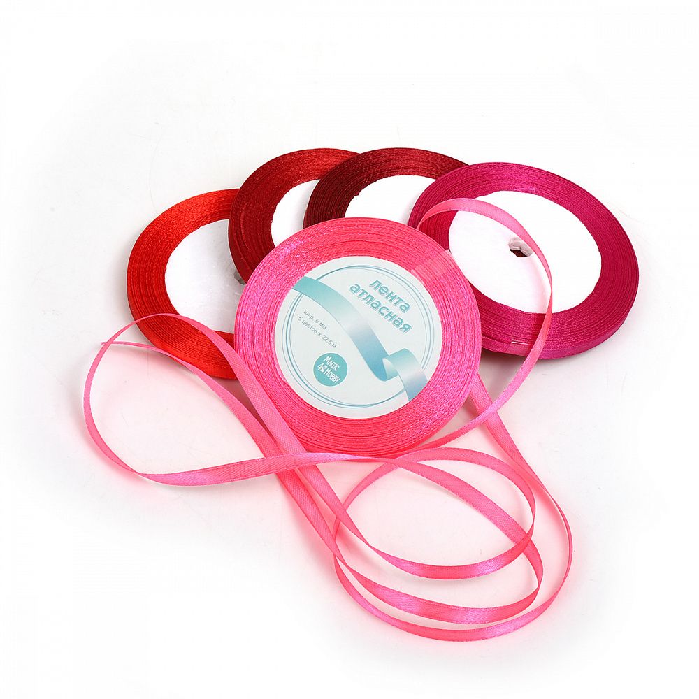 Лента атласная 1-сторонняя 6.0 мм / 5 шт по 22.5±1 метра, набор Оттенки красного, Magic4Hobby