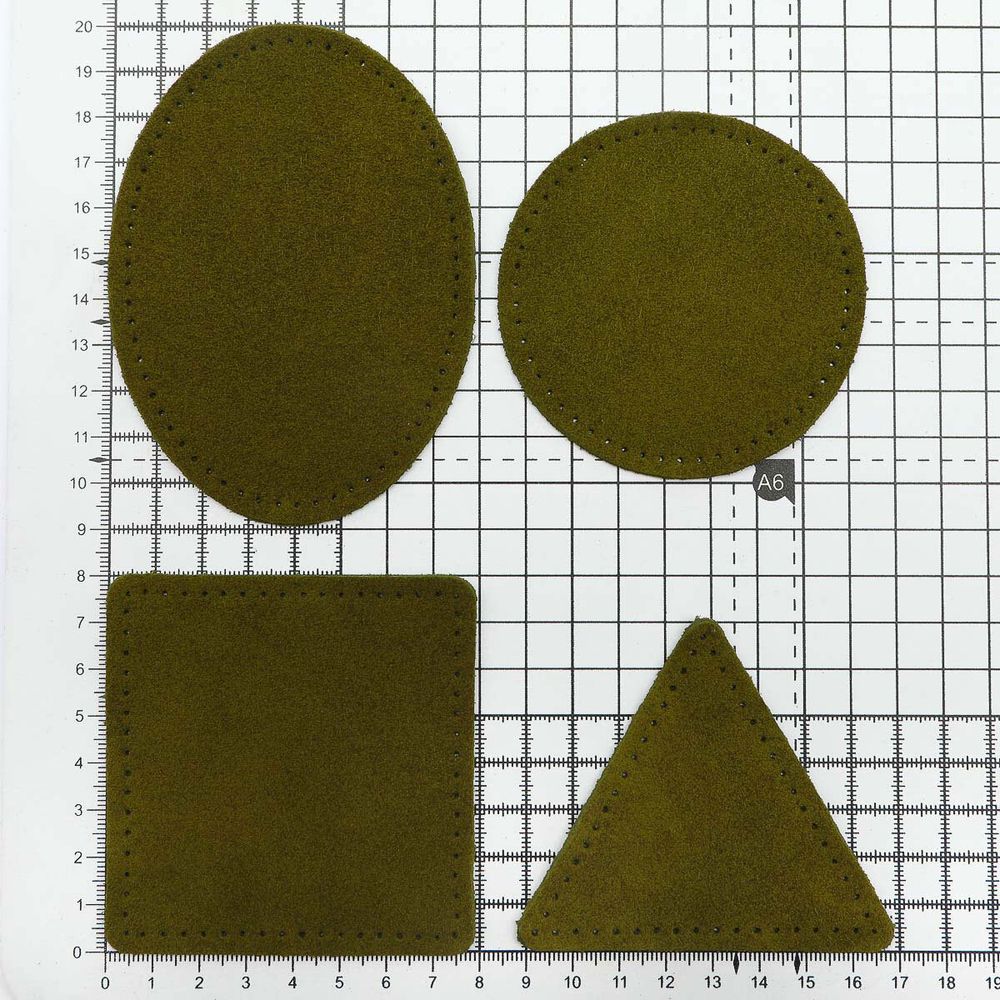 Набор заплаток пришивных из замши, круг, квадрат, треугольник, овал 8см, с перфорацией, 4 шт (33 хаки), 59743