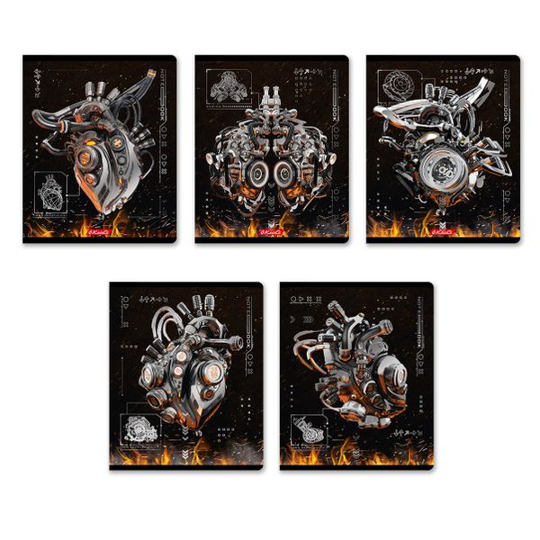 Тетрадь ученическая общая, матовая ламинация + тиснение серебряной фольгой, A5+ 96 л. на скобе 60 г/м², белизна 100%, 5 шт, клетка в термоусадочной пленке, 000779 Железное сердце, Светоч 96ТЕТк-007