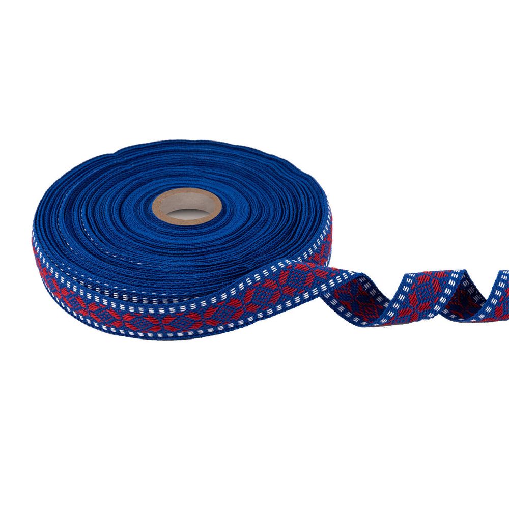 Лента (тесьма) жаккардовая 24.0 мм / 25±1 метров, Орнамент для северных народов, рис 9867 №4 син/красн/белый, Gamma C3885