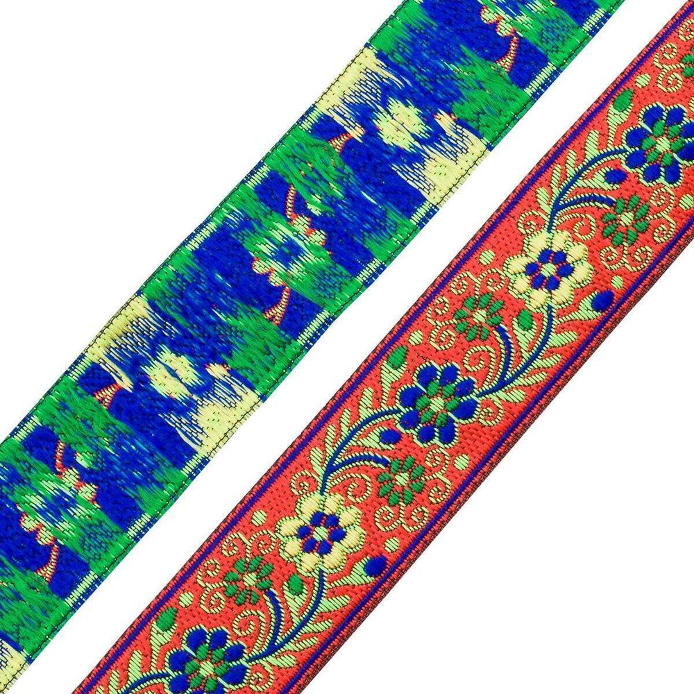 Лента (тесьма) жаккардовая 33.0 мм / 7 метров, оранжевый с цветами, 11823