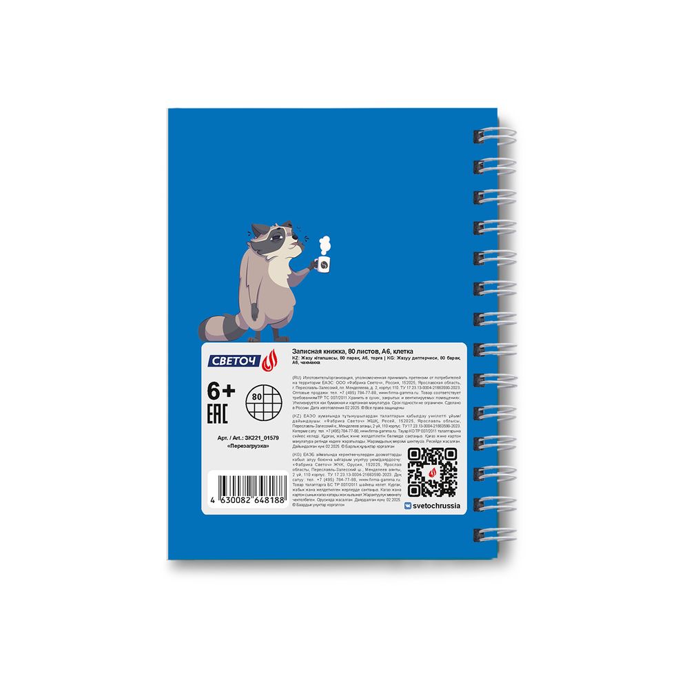 Записная книжка с твердым переплетом, матовая ламинация, на гребне A6 80 л. 4 шт клетка, Перезагрузка 01579, ЗК221 Светоч
