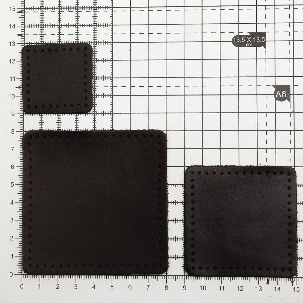 Набор заплаток пришивных из кожи, квадрат 4см, 6см и 8см, с перфорацией, 3 шт, 100% кожа (03 темно-коричневый), 9402