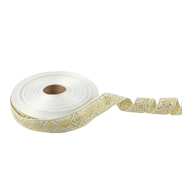 Лента (тесьма) жаккардовая 23.0-25.0 мм, / 25 метров, белый/под золото, Blitz