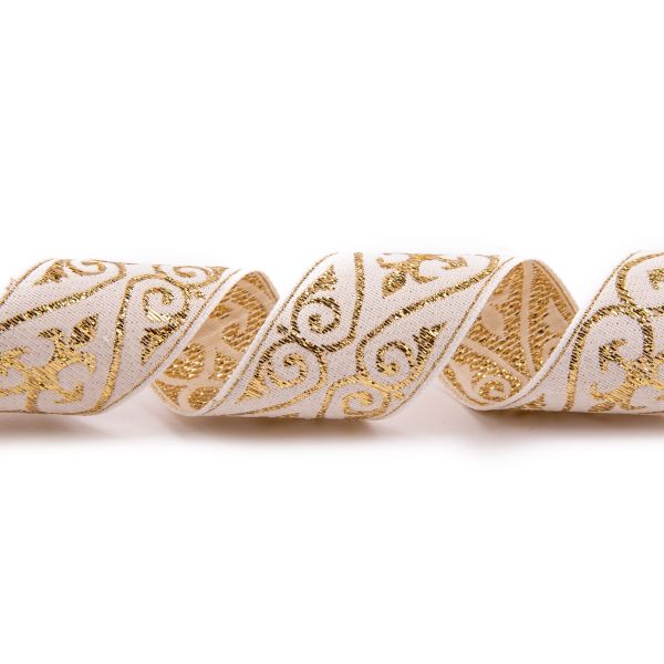 Лента (тесьма) жаккардовая 32.0 мм / 25±1 метров, рис.9793, белый/золото, Gamma С3104Г17 рис.9793