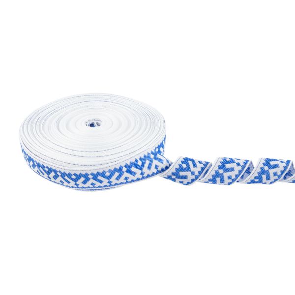 Лента (тесьма) жаккардовая 24.0 мм / 25 метров, Орнамент для северных народов, рис 9674 белый/синий, Gamma С3772