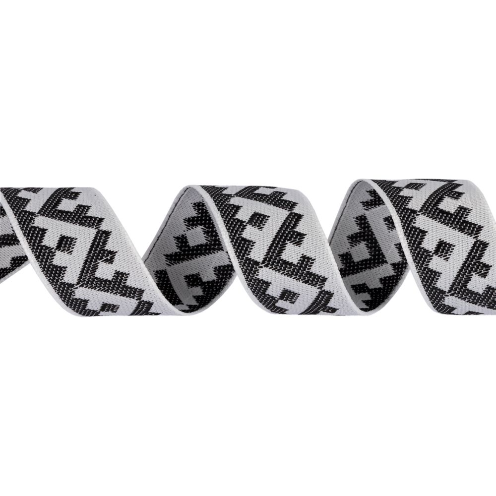 Лента (тесьма) жаккардовая 24.0 мм / 25±1 метров, Орнамент для северных народов, рис 8621 белый-черный, Gamma С3772