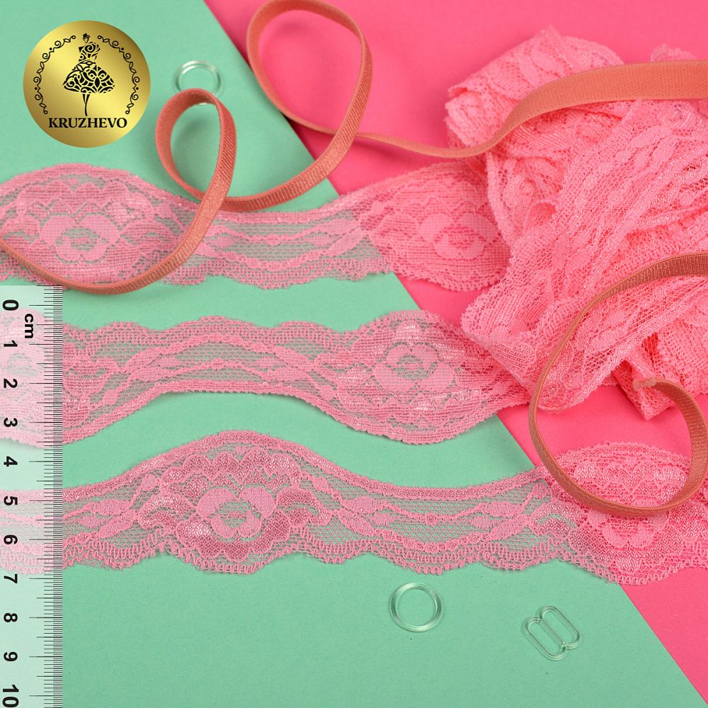 Кружево эластичное (стрейч) 37 мм, 270, цв.02 розовый уп. 18,3 м, Kruzhevo