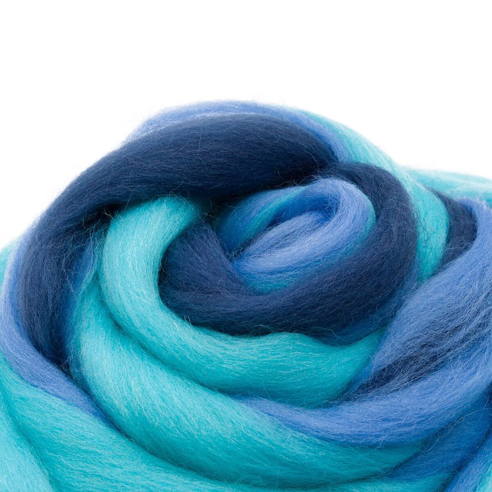 Шерсть для валяния полутонкая 100%, мультиколор, 100г, 1518 мультиколор, л.колокольчик/бирюза/джинсовый