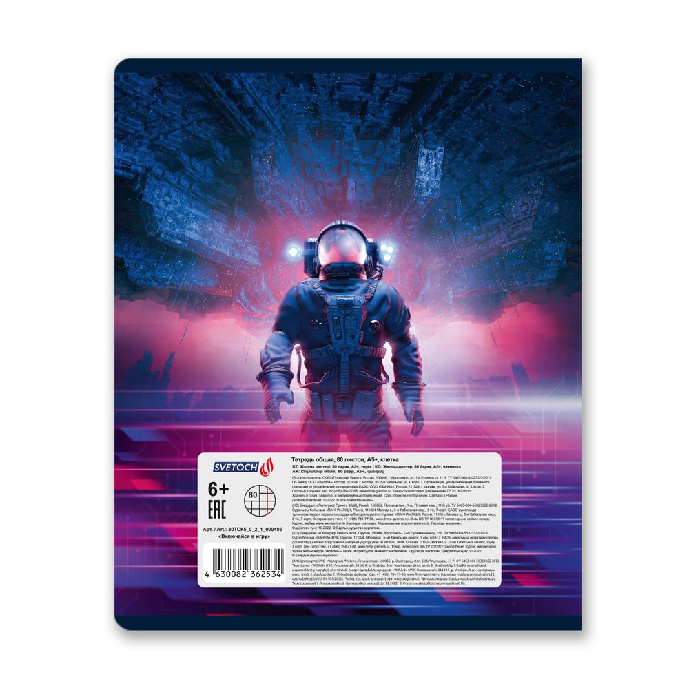 Тетрадь ученическая общая, A5+ 80 л. на скобе 65 г/м², белизна 100%, 5 шт, клетка в термоусадочной пленке, 000486 Включайся в игру, Светоч 80ТСК5_0_2_1