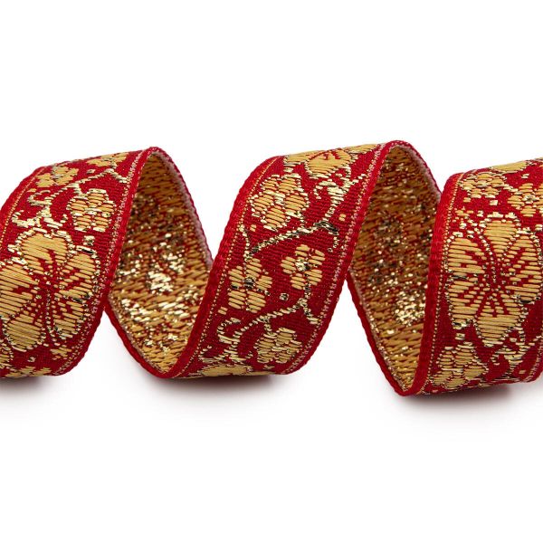 Лента (тесьма) жаккардовая 18.0 мм / 25±1 метров, с метанитом рис. 9579 Яблоневый цвет (1 красный/желтый/золото) С1856Г17