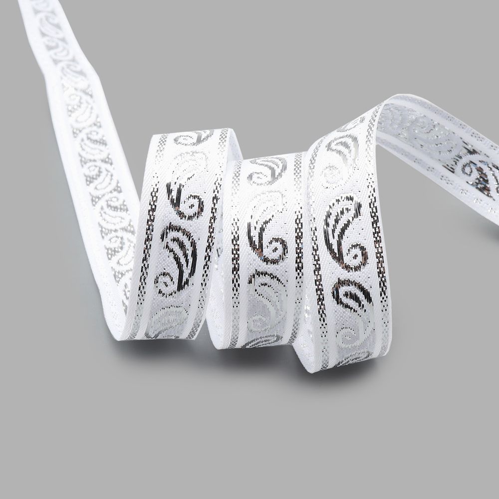 Тесьма декоративная металлизированная Пейсли 15 мм / 25 метров, 15006 белый/серебро