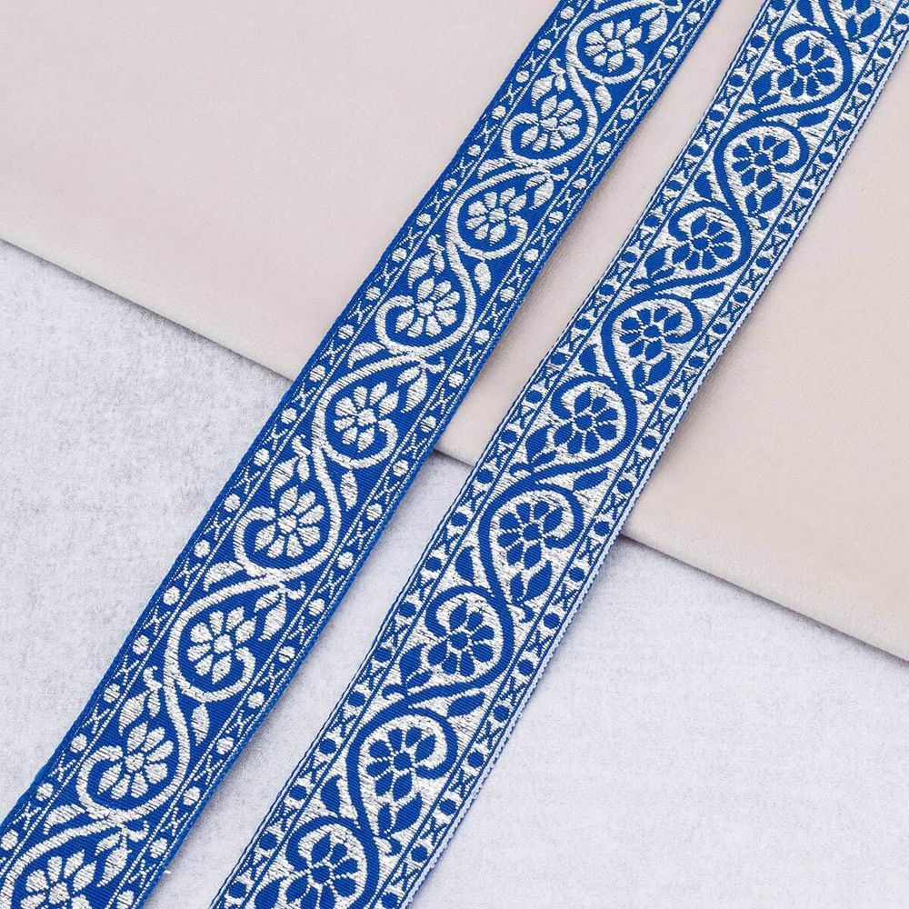 Лента (тесьма) жаккардовая 32.0 мм / 25±1 метров, с метанитом рис. 9819, синий/ серебро, С3104Г17