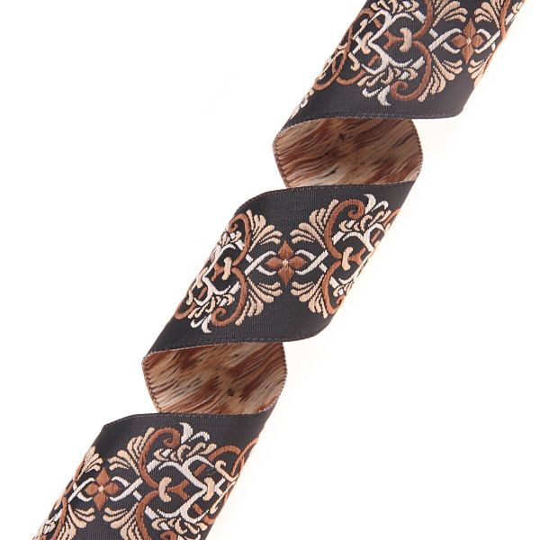 Лента (тесьма) жаккардовая 35.0 мм / 10±0.5 метров, Дамаск 35976 V2 черный/бежевый