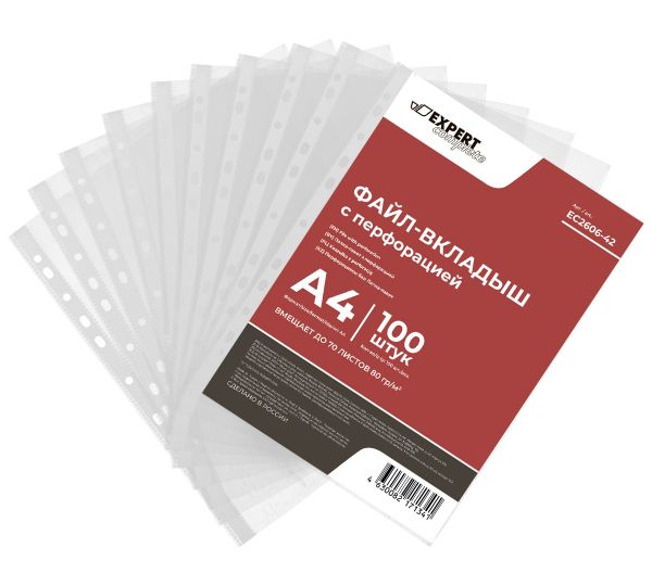 Файл-вкладыш A4, 100 шт, глянцевый, прозрачный EC2606-42, Expert Complete