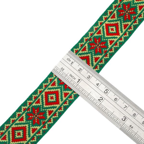 Лента (тесьма) жаккардовая 32.0 мм / 25±1 метров, рис. 9472, (зеленый/красный/желтый) С1853Г17