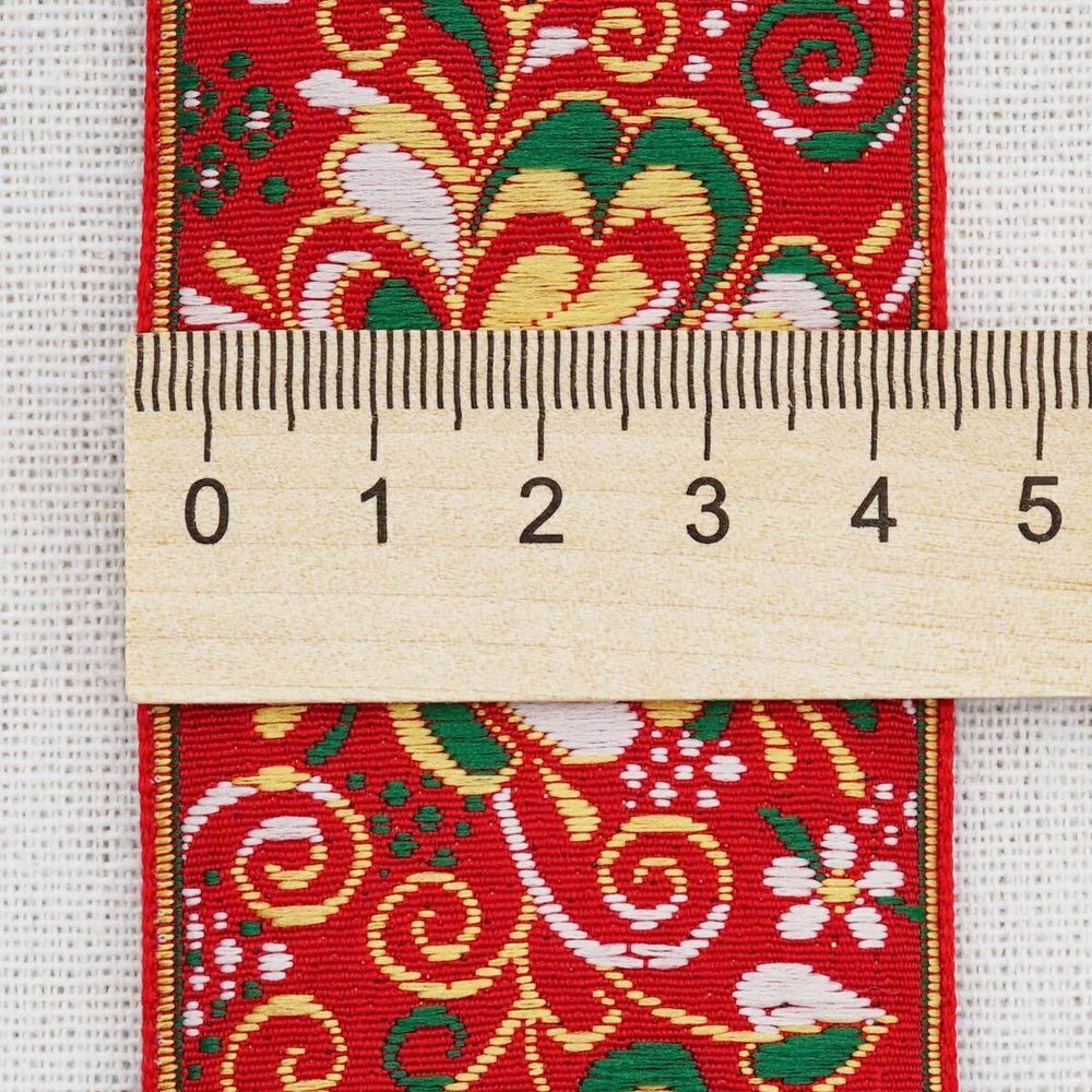 Лента (тесьма) жаккардовая 50.0 мм / 25±1 метров, рис. 9568 Гжель, (6 красный/зеленый/желтый/белый) С3379Г17