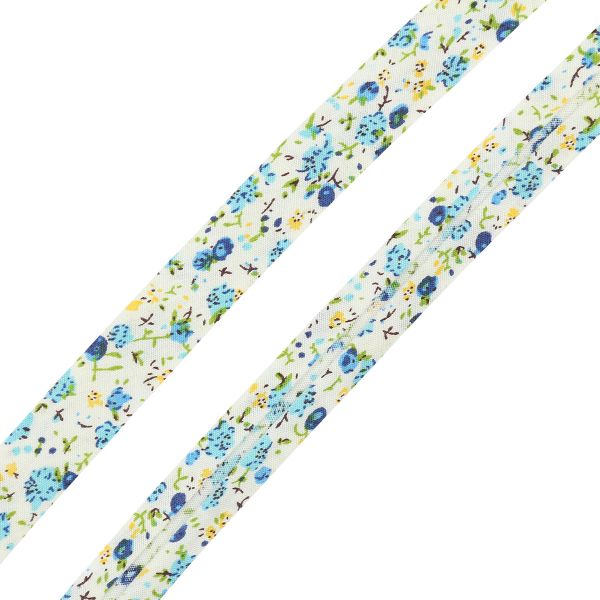 Косая бейка хлопковая с рисунком Цветы 15 мм / 5 метров, FBF37 голубой