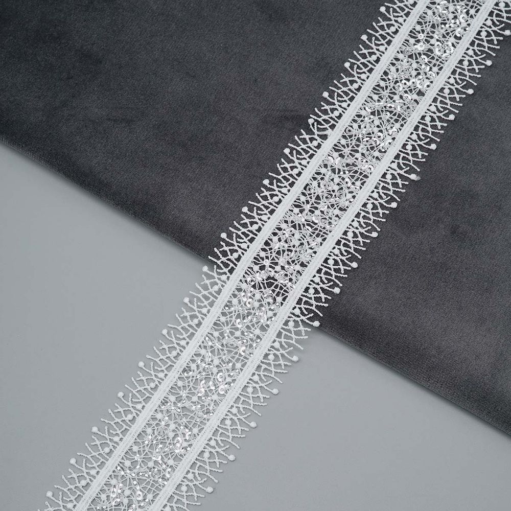 Кружево гипюр (плетёное) 35 мм, / 9.14 метра, с пайетками, белый