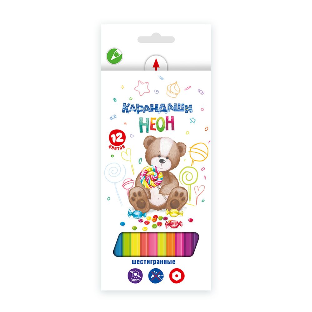 Набор неоновых карандашей NCP-9012 заточенный 8х12 цв, Мишка NCP-9012