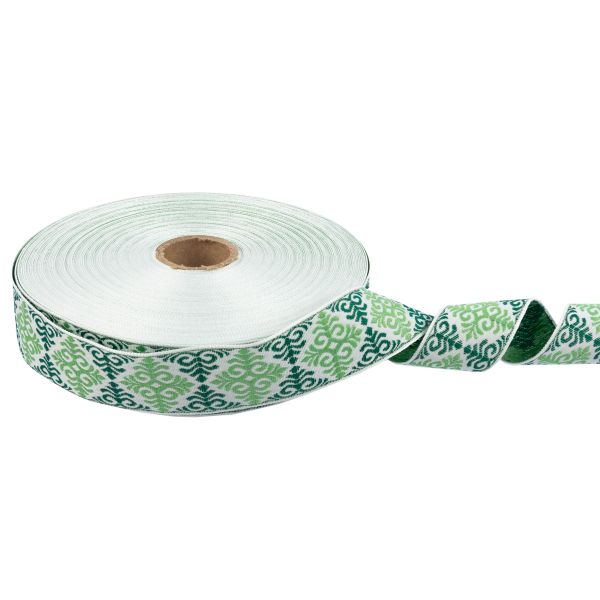 Лента (тесьма) жаккардовая 32.0 мм / 25 метров, Орнамент для северных народов, рис 9788 белый-т.зеленый-салатовый, Gamma С3774