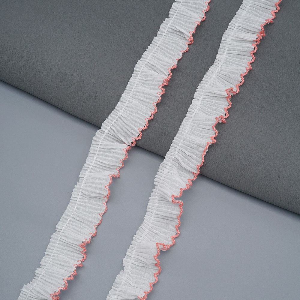 Кружево плиссированное 25 мм, / 45.72 метра, складка плиссе, 04 белый/розовый