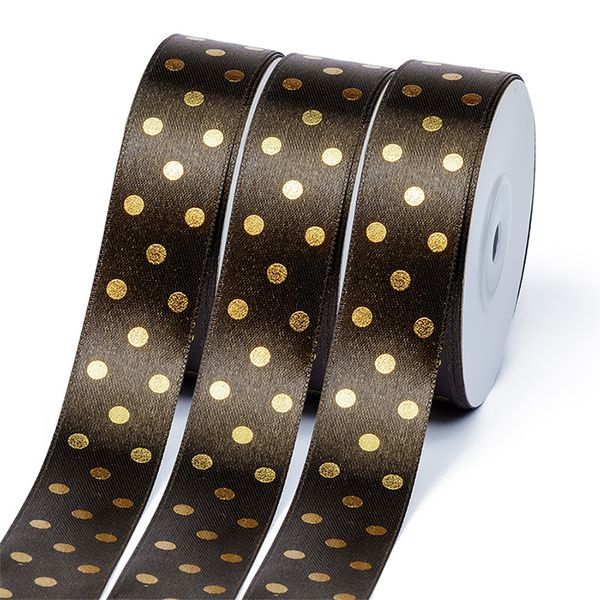 Лента атласная в горошек золото 25.0 мм / 27.4±2 метров, 860 коричневый, Ideal