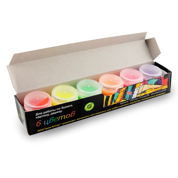 Гуашь художественно-оформительская флуоресцентная 6 цв.х15 мл, Аква-колор К2408