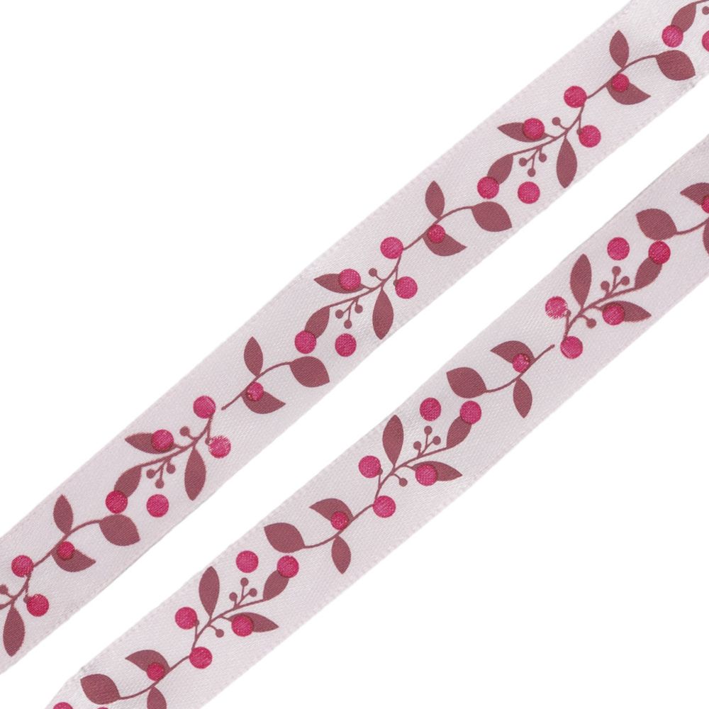 Лента атласная с рисунком 15.0 мм, Ягодная ветвь, 3м (розовый)
