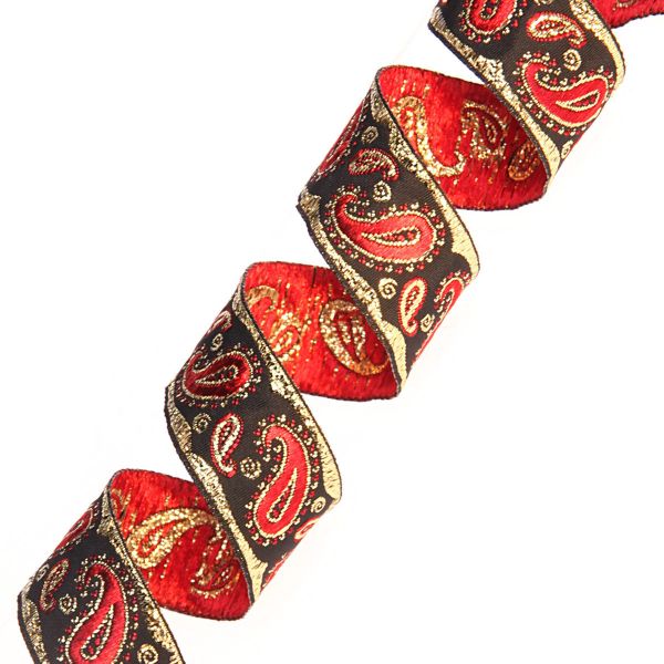Лента (тесьма) жаккардовая 22.0 мм / 10±0.5 метров, Пейсли, 22807 черный/красный/золото