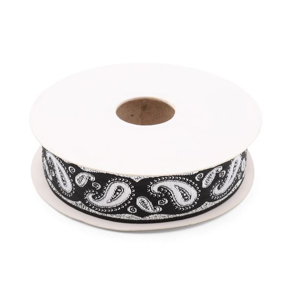 Лента (тесьма) жаккардовая 22.0 мм / 10±0.5 метров, Пейсли, 22807 черный/серебро