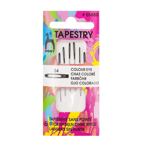 Иглы ручные для гобеленовых и трикотажных тканей с цветн. ушком, №24, серебро/черн.6 шт, Pony