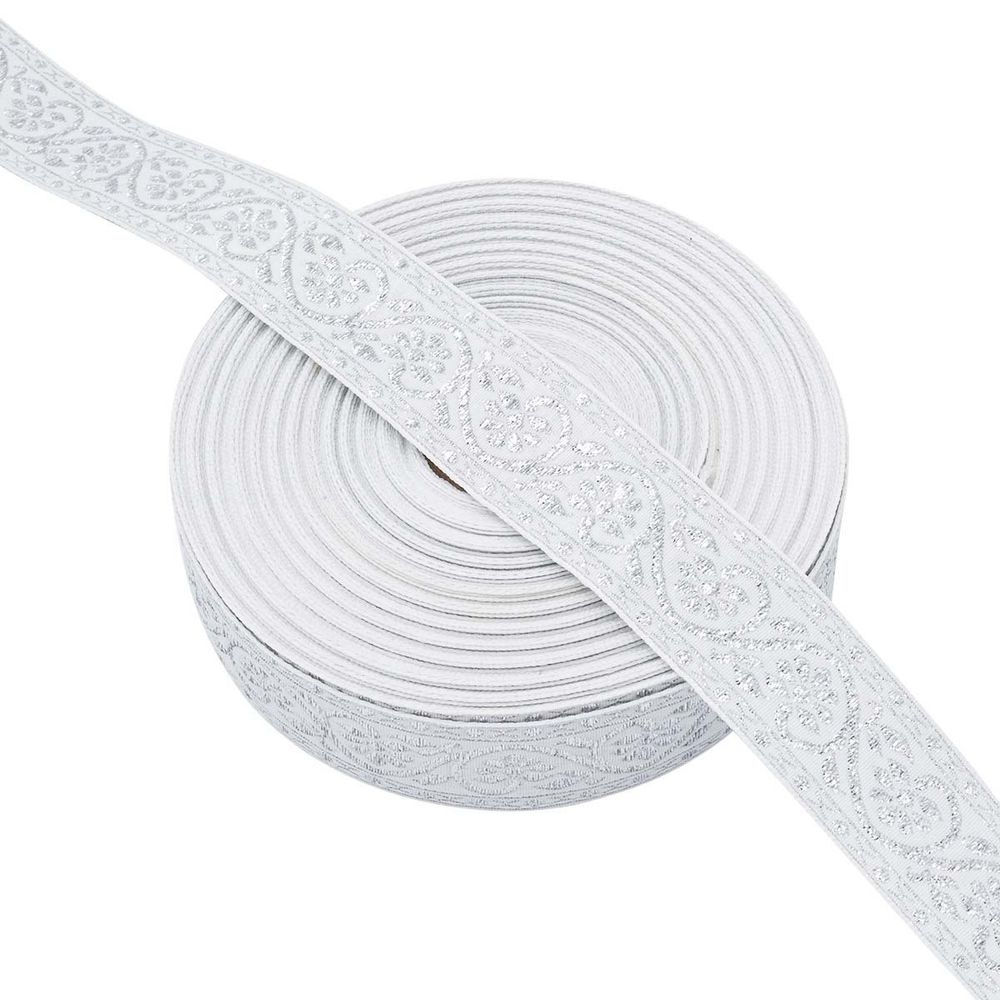 Лента (тесьма) жаккардовая 32.0 мм / 25±1 метров, с метанитом рис. 9819, белый/серебро, С3104Г17