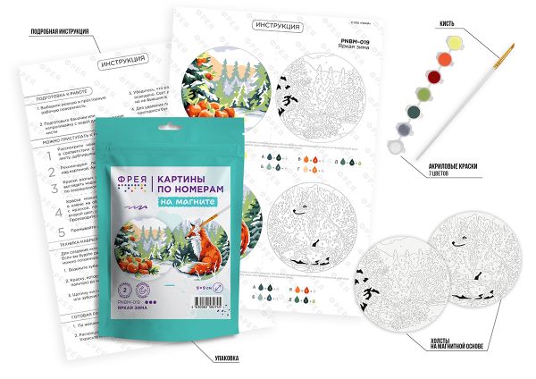 Картина по номерам Фрея PNBM-019, Яркая зима, (на магните) 9х9 см