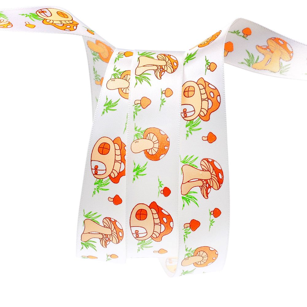 Лента атласная с надписью 22.0 мм / 22.5±1 метров, Грибы, 029 белый, Globus