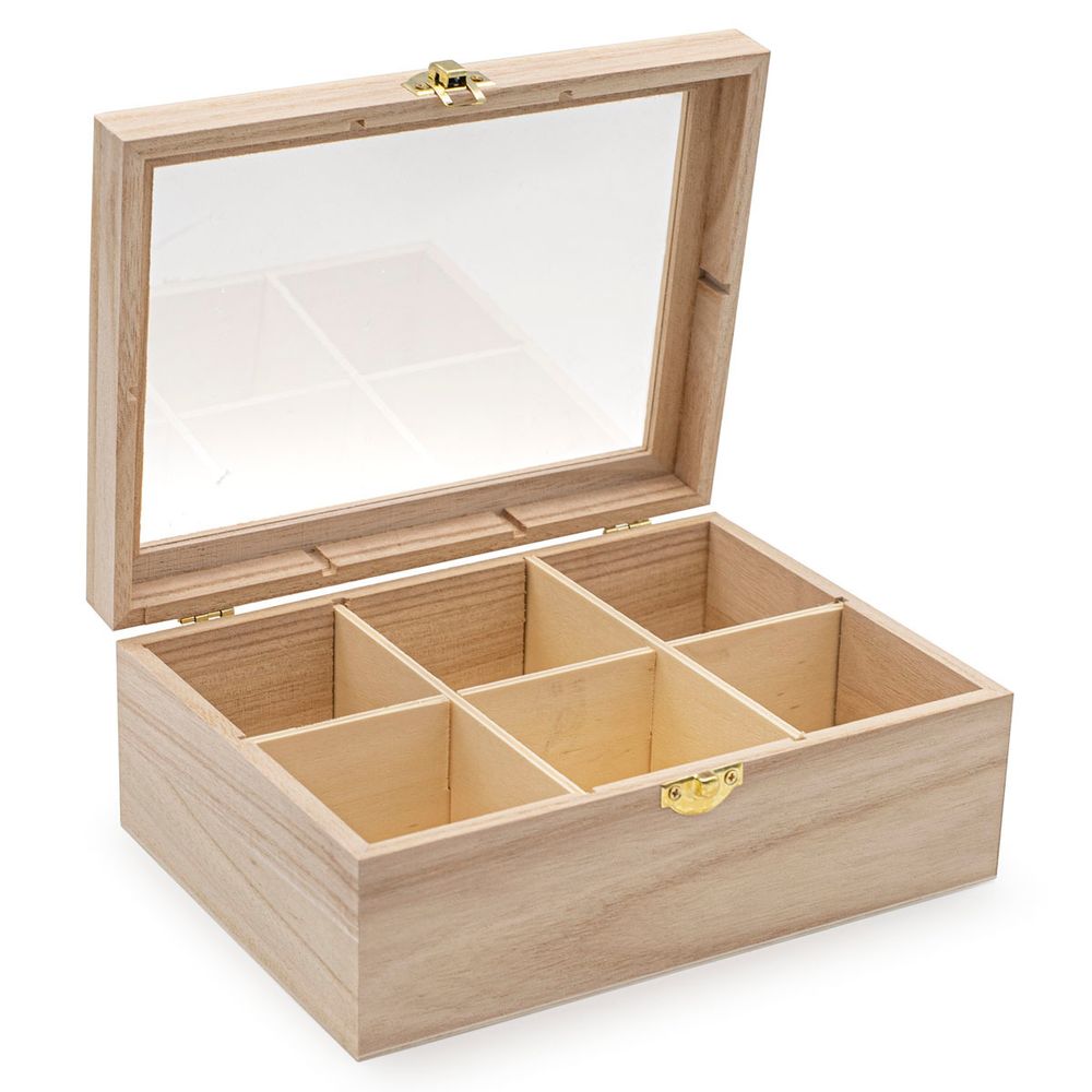 Заготовка для декорирования Шкатулка деревянная с шестью отсеками и с окном, павловния/фанера из тополя/оргстекло, 22х16х8.5см
