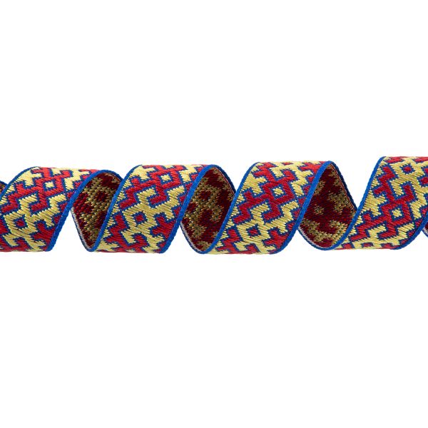Лента (тесьма) жаккардовая 18.0 мм / 25 метров, Орнамент для северных народов, рис 9692 синий/желтый/красный (№10), Gamma С3771
