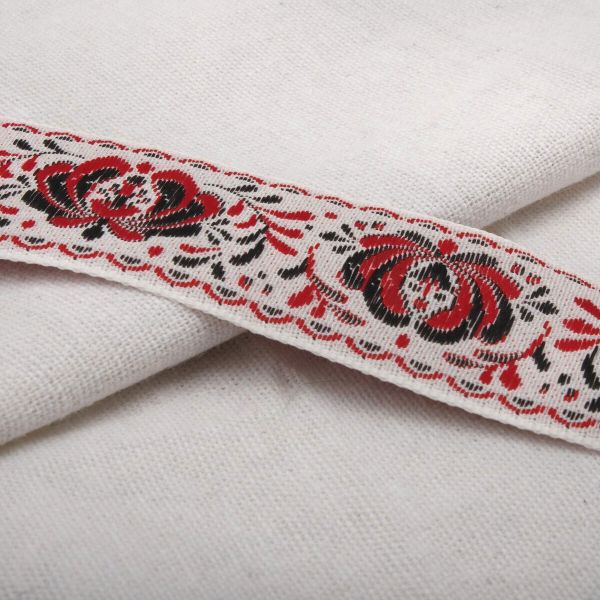 Лента (тесьма) жаккардовая 32.0 мм / 25±1 метров, рис. 9581 Гжель, (2 белый/красный/черный) С1853Г17