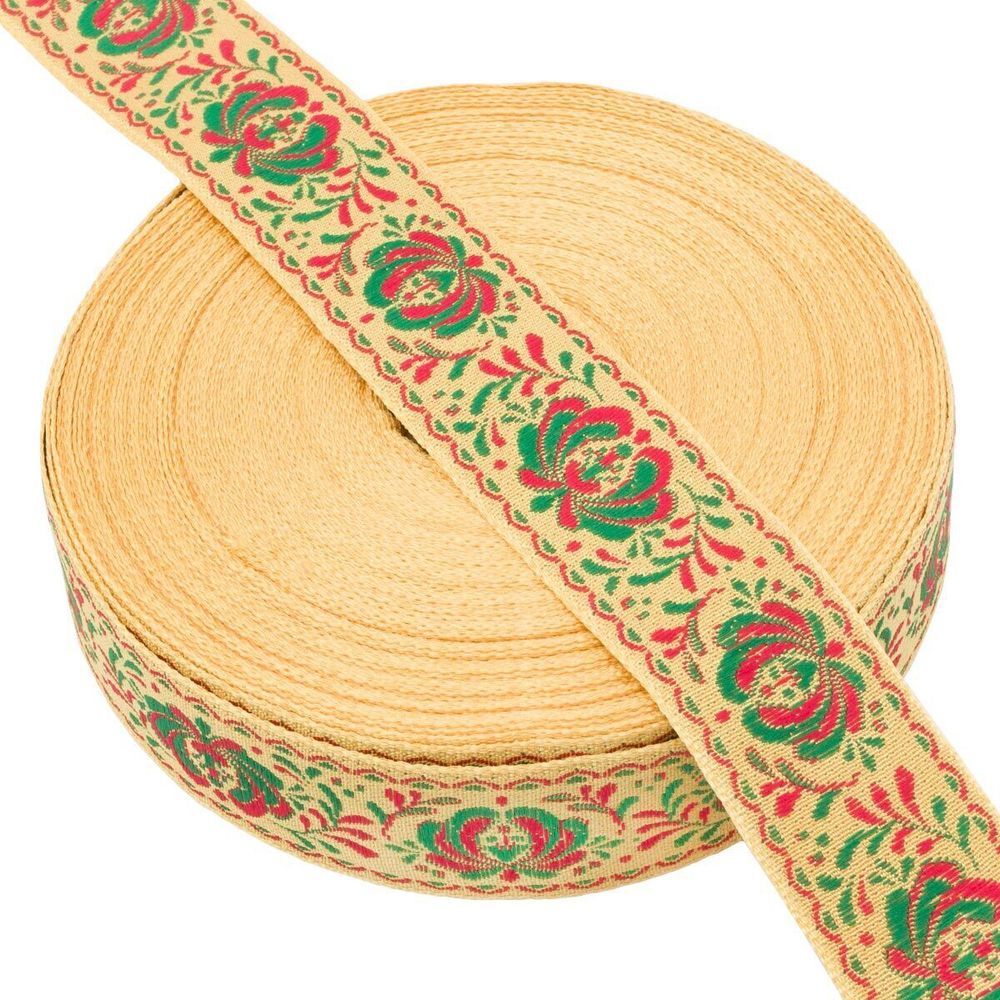 Лента (тесьма) жаккардовая 32.0 мм / 25±1 метров, рис. 9581 Гжель, (10 желтый/зеленый/красный) С1853Г17