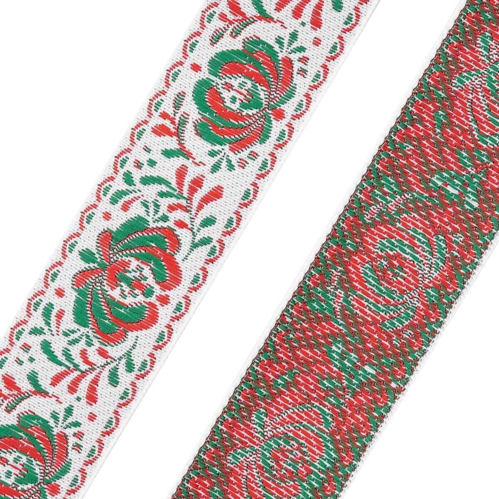 Лента (тесьма) жаккардовая 32.0 мм / 25±1 метров, рис. 9581 Гжель, (4 белый/красный/зеленый) С1853Г17