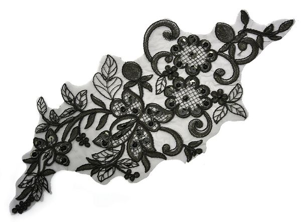Пришивная кружевная аппликация с пайетками и бусинами уп., 2 шт, цв.01 черный 370x150 мм, Kruzhevo