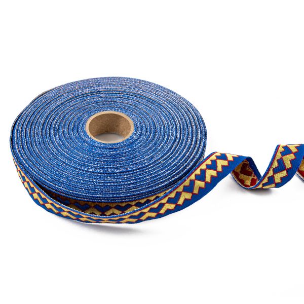 Лента (тесьма) жаккардовая 18.0 мм / 25±1 метров, Орнамент для северных народов, рис 7052 синий-желтый-красный, Gamma С3771