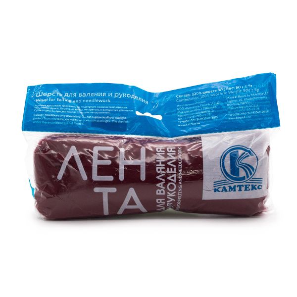 Лента для валяния полутонкая, 100% шерсть, 50гр Камтекс, цв.091 вишня