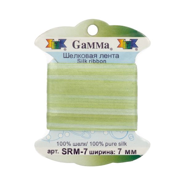 Лента (тесьма) шелковая 7.0 мм / 9.1±0.5 метров, M041 св.зеленый/зеленый, Gamma SRM-7