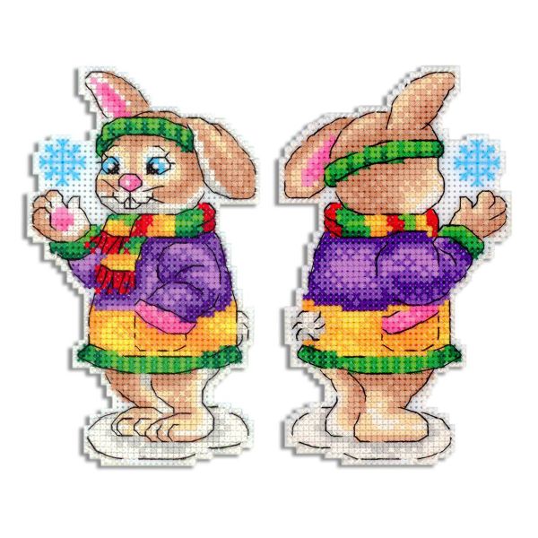 Набор для вышивания нитками МП Студия, на пластиковой канве Зайка со снежинкой 8х13см