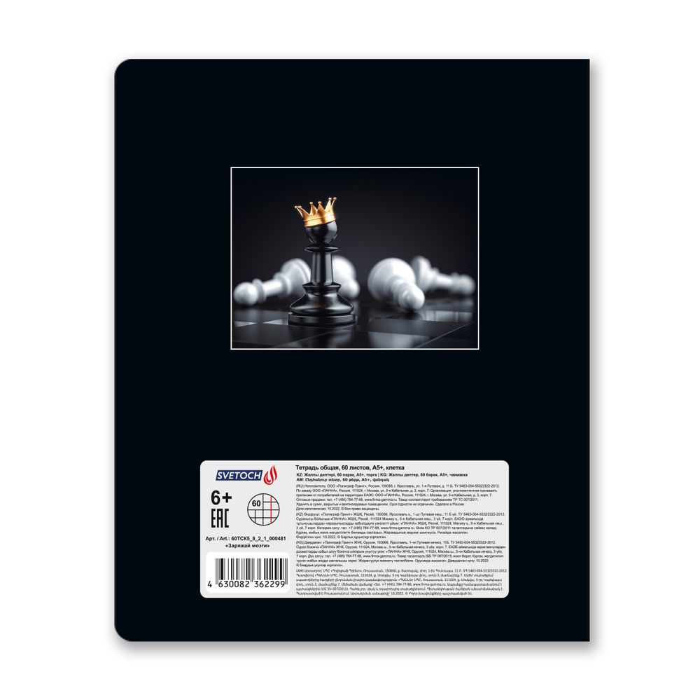 Тетрадь ученическая общая, твин лак, A5+ 60 л. на скобе 65 г/м², белизна 100%, 10 шт, клетка в термоусадочной пленке, 000481 Заряжай мозги, Светоч 60ТСК5_8_2_1