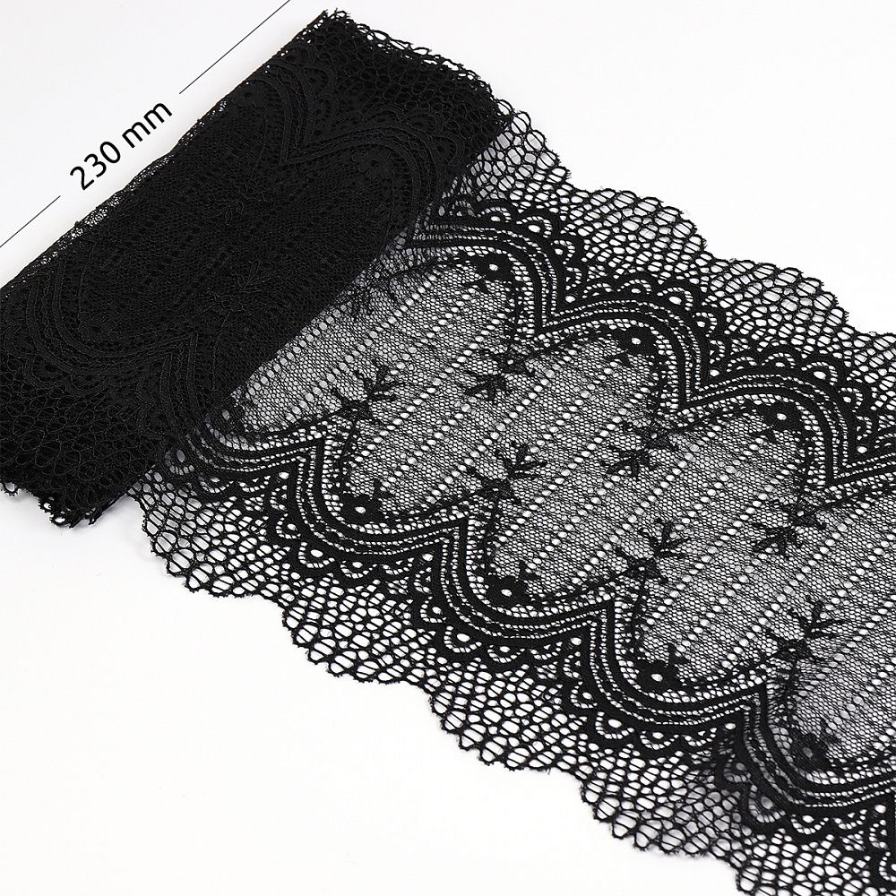 Кружево бельевое эластичное 230 мм / 10 м, 8037, цв.черный, Kruzhevo
