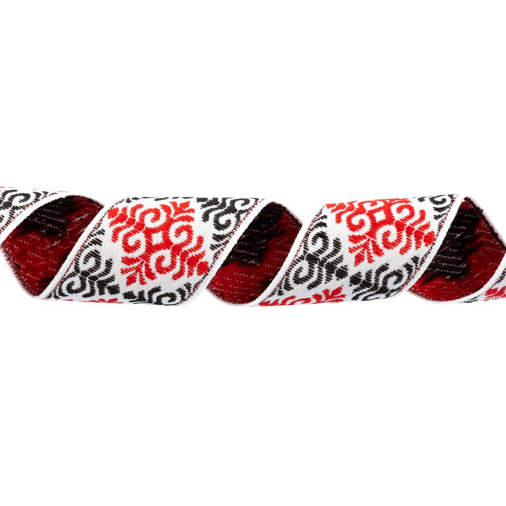 Лента (тесьма) жаккардовая 32.0 мм / 25 метров, Орнамент для северных народов, рис 9788 белый-красный-черный, Gamma С3774