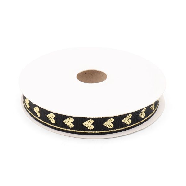 Тесьма декоративная металлизированная Сердечки 15 мм / 25 метров, 15005 черный/золото